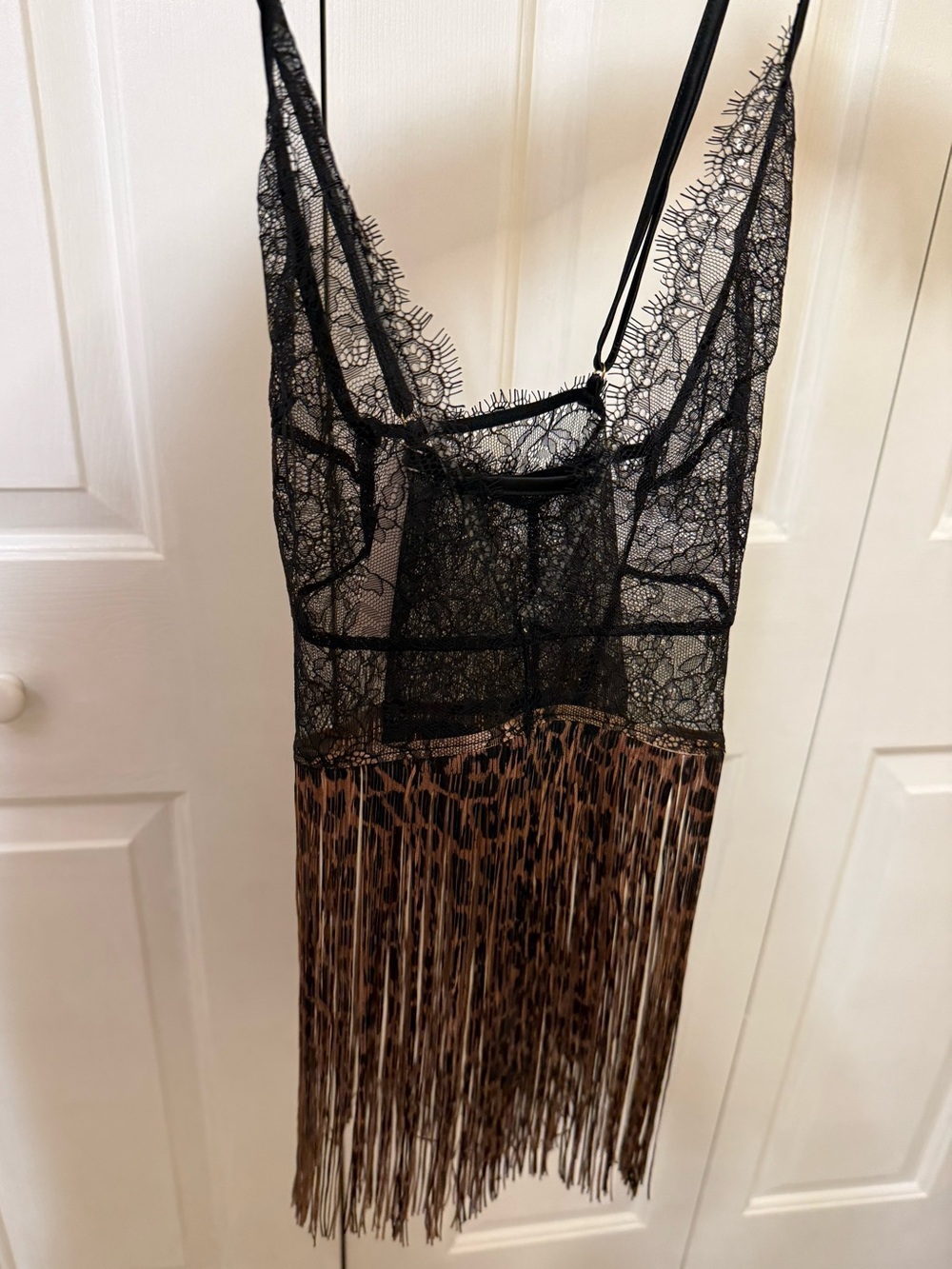 Victoria's Secret Black Lace Chemise with Leopard Fringe
